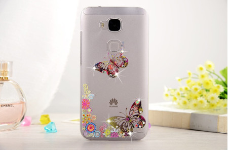 Твърди гърбове Твърди гърбове за Huawei Луксозен твърд гръб ултра тънък прозрачен с камъни за Huawei G8 / Huawei GX8 пеперуди